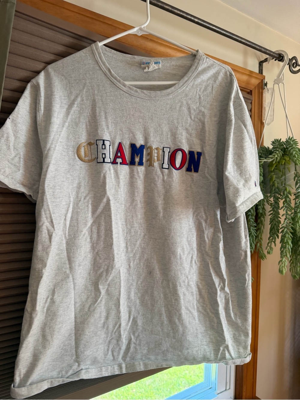 Champion Light Gray Tee with Multicolor Embroidered Logo